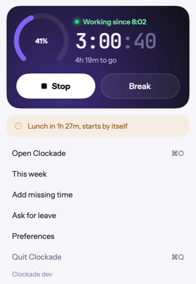 The Clockade menu bar panel