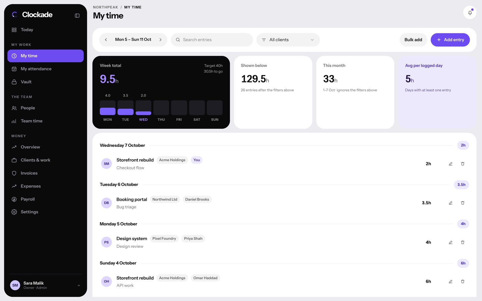 My time: every entry by project and client